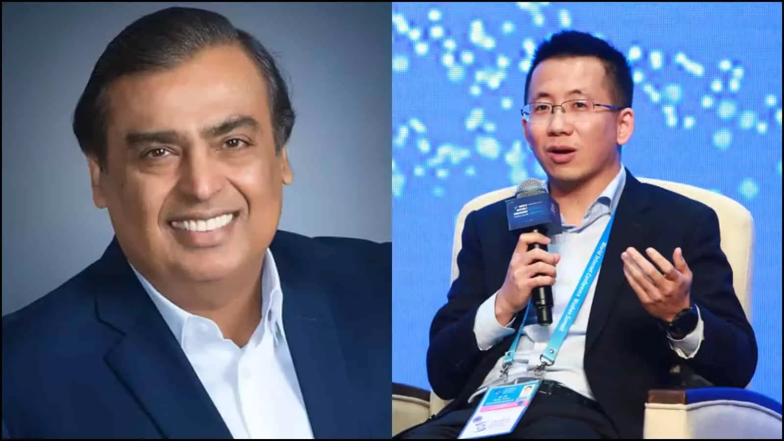 बाईं ओर कोट पहने मुस्कुराते मुकेश अंबानी और दाईं ओर माइक थामे बैठे झांग यिमिंग।