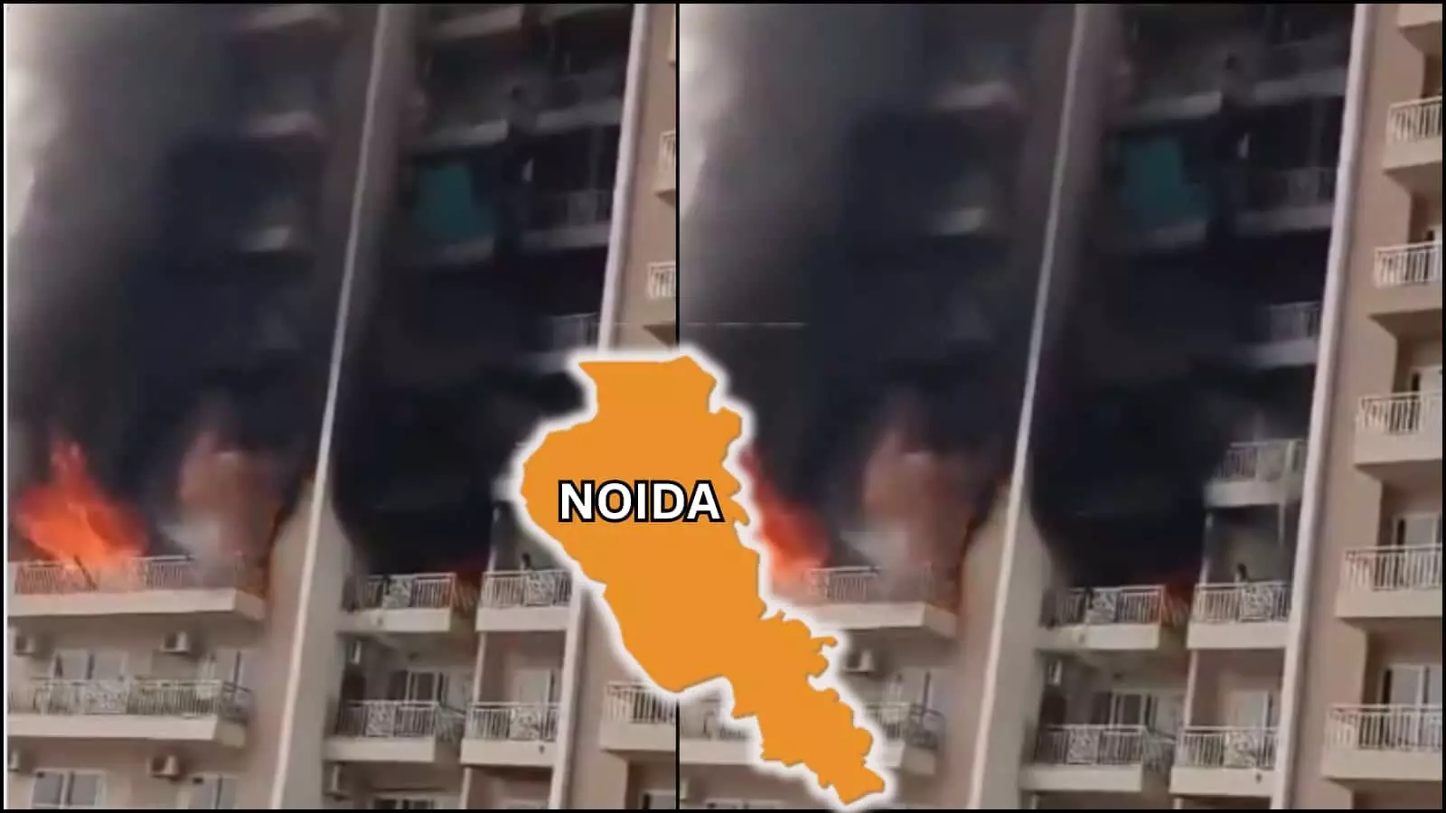 बहुमंजिला इमारत की ऊपरी मंजिल से निकलता काला धुआं और लपटें जिसमें नोएडा का नक्शा ग्राफिक रूप में प्रदर्शित है।