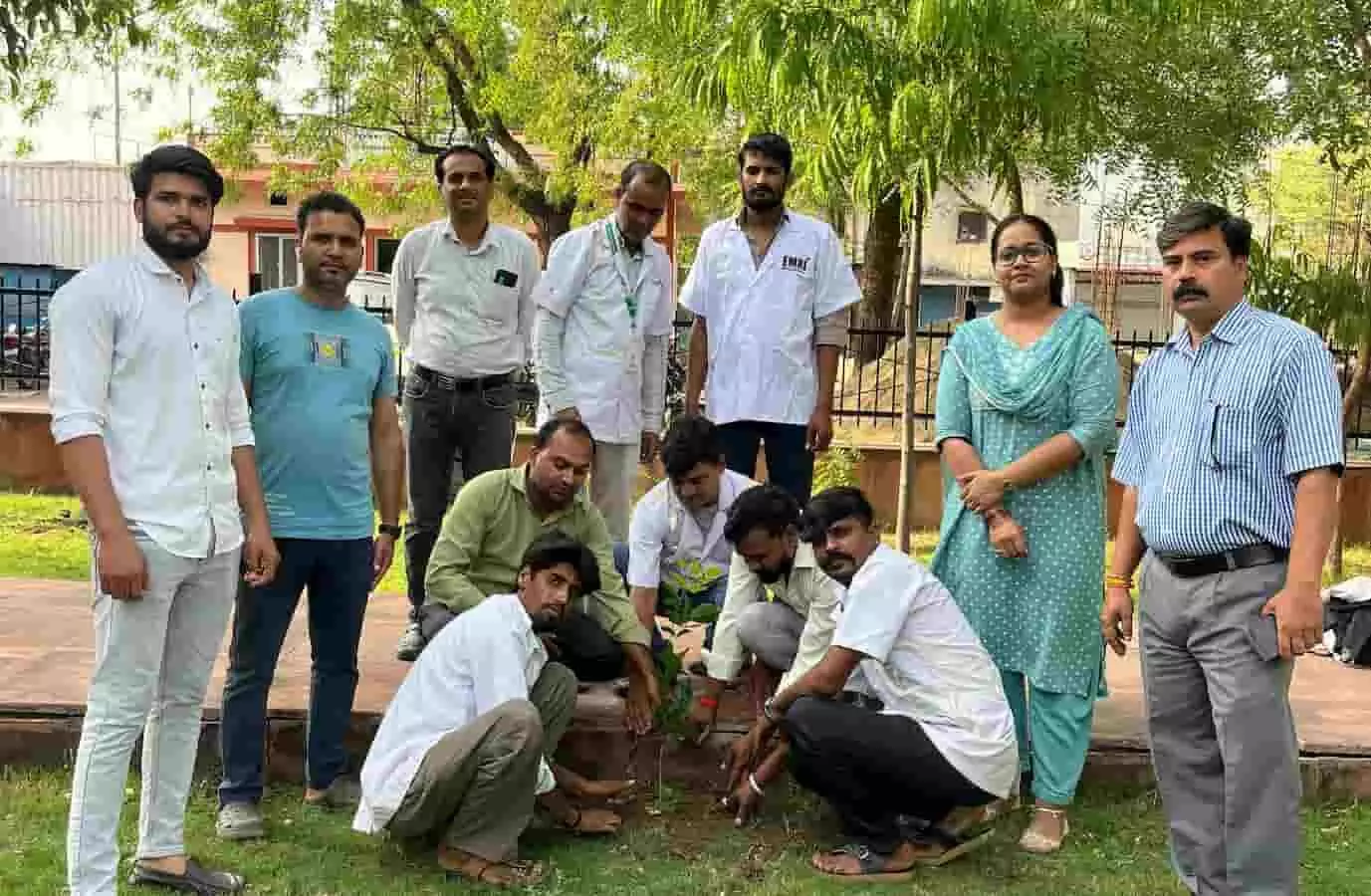 गांधी वाटिका में पौधा लगाते हुए चिकित्सा अधिकारी और एम्बुलेंस कर्मी निम्बाहेडा में पर्यावरण संरक्षण अभियान के दौरान