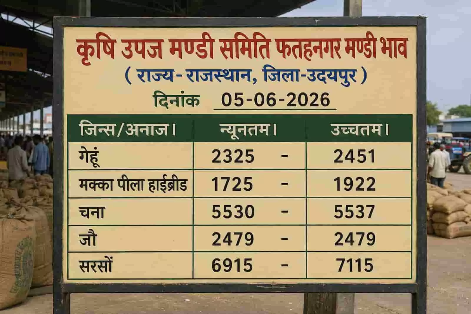 फतहनगर कृषि उपज मण्डी का सूचना बोर्ड जिसमें फसलों के न्यूनतम और उच्चतम भाव लिखे हैं।