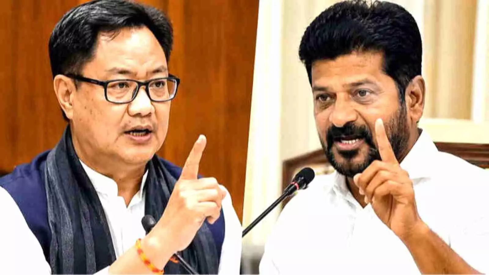 बाईं ओर चश्मा पहने किरेन रिजिजू और दाईं ओर उंगली उठाकर बोलते हुए रेवंत रेड्डी का संयुक्त चित्र। बाईं ओर चश्मा पहने किरेन रिजिजू और दाईं ओर उंगली उठाकर बोलते हुए रेवंत रेड्डी का संयुक्त चित्र।