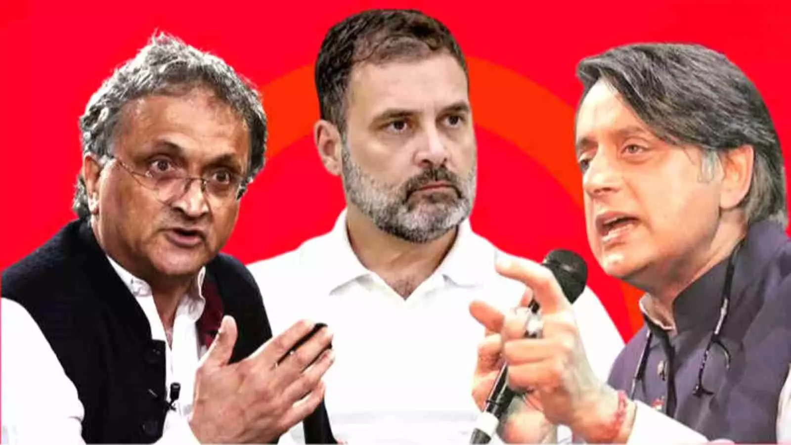 एक लाल रंग की पृष्ठभूमि पर इतिहासकार रामचंद्र गुहा, कांग्रेस नेता राहुल गांधी और सांसद शशि थरूर की कोलाज तस्वीर दिख रही है।