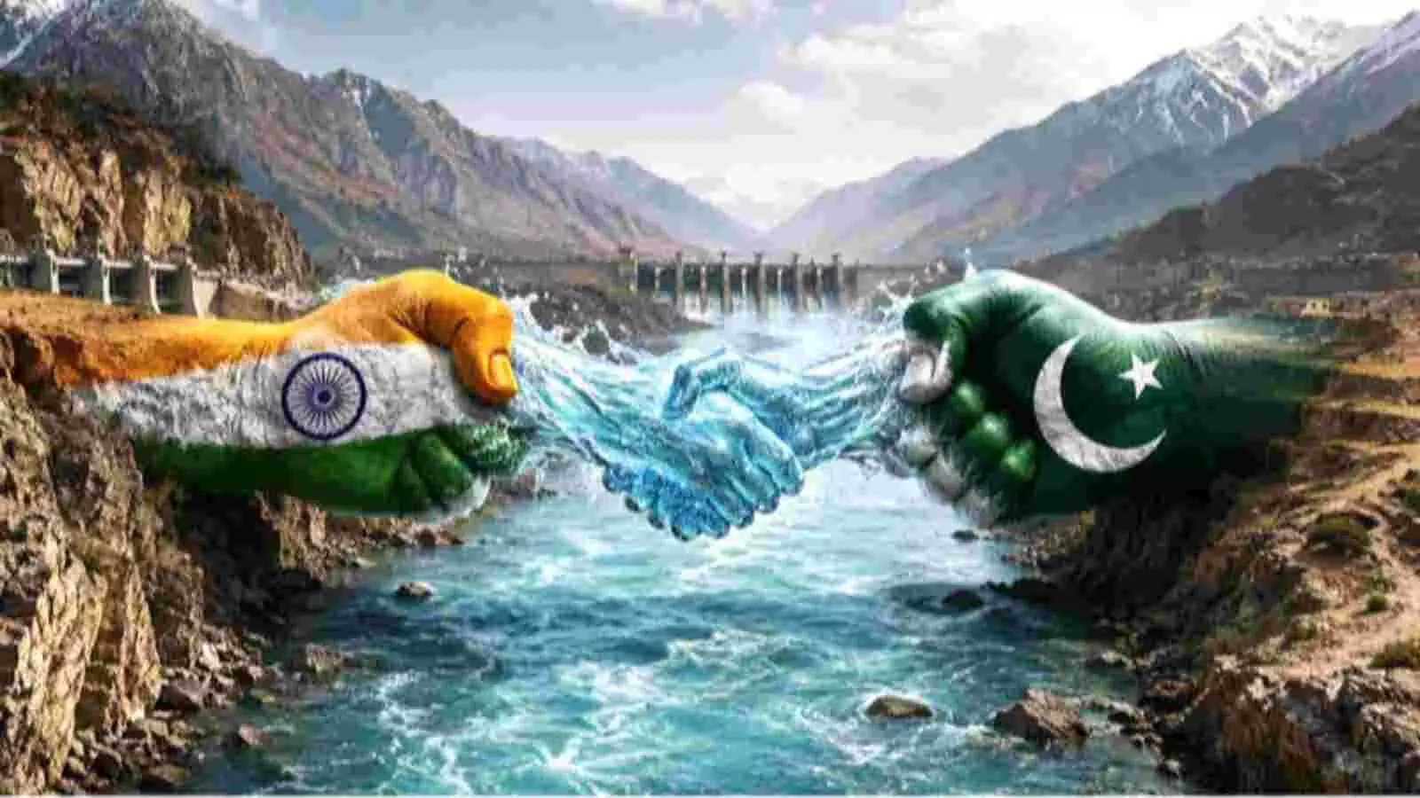 एक नदी और बांध के सामने भारतीय और पाकिस्तानी झंडे के रंग वाले दो हाथ पानी की धारा से जुड़े दिख रहे हैं।