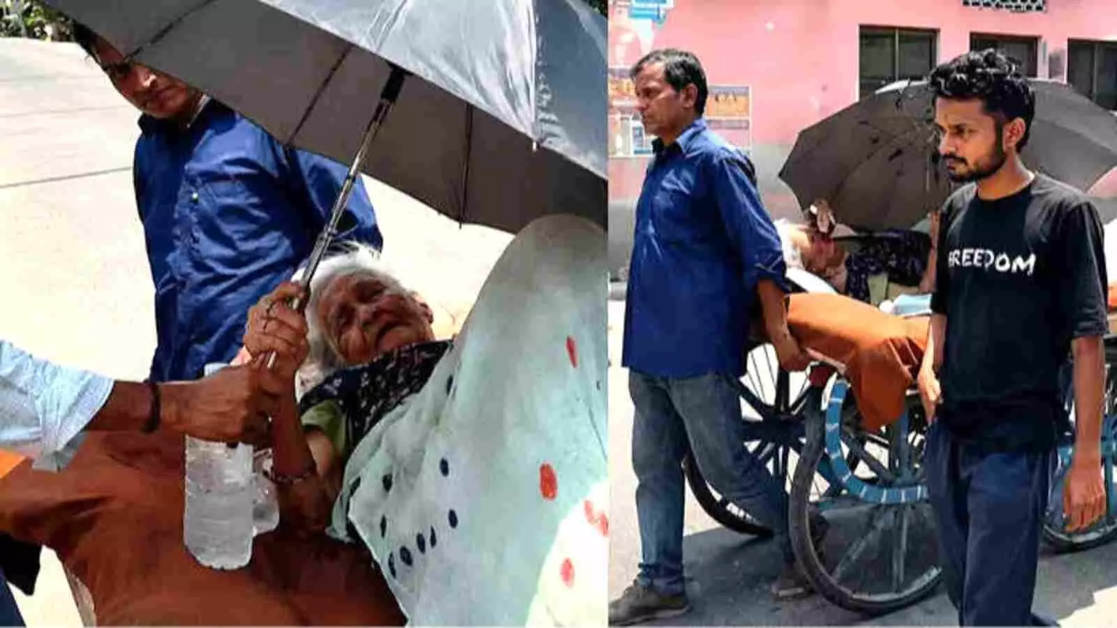 एक सड़क पर दो पुरुष एक पहिए वाले ठेले पर बुजुर्ग महिला को लिटाकर छाता लगाए ले जा रहे हैं।