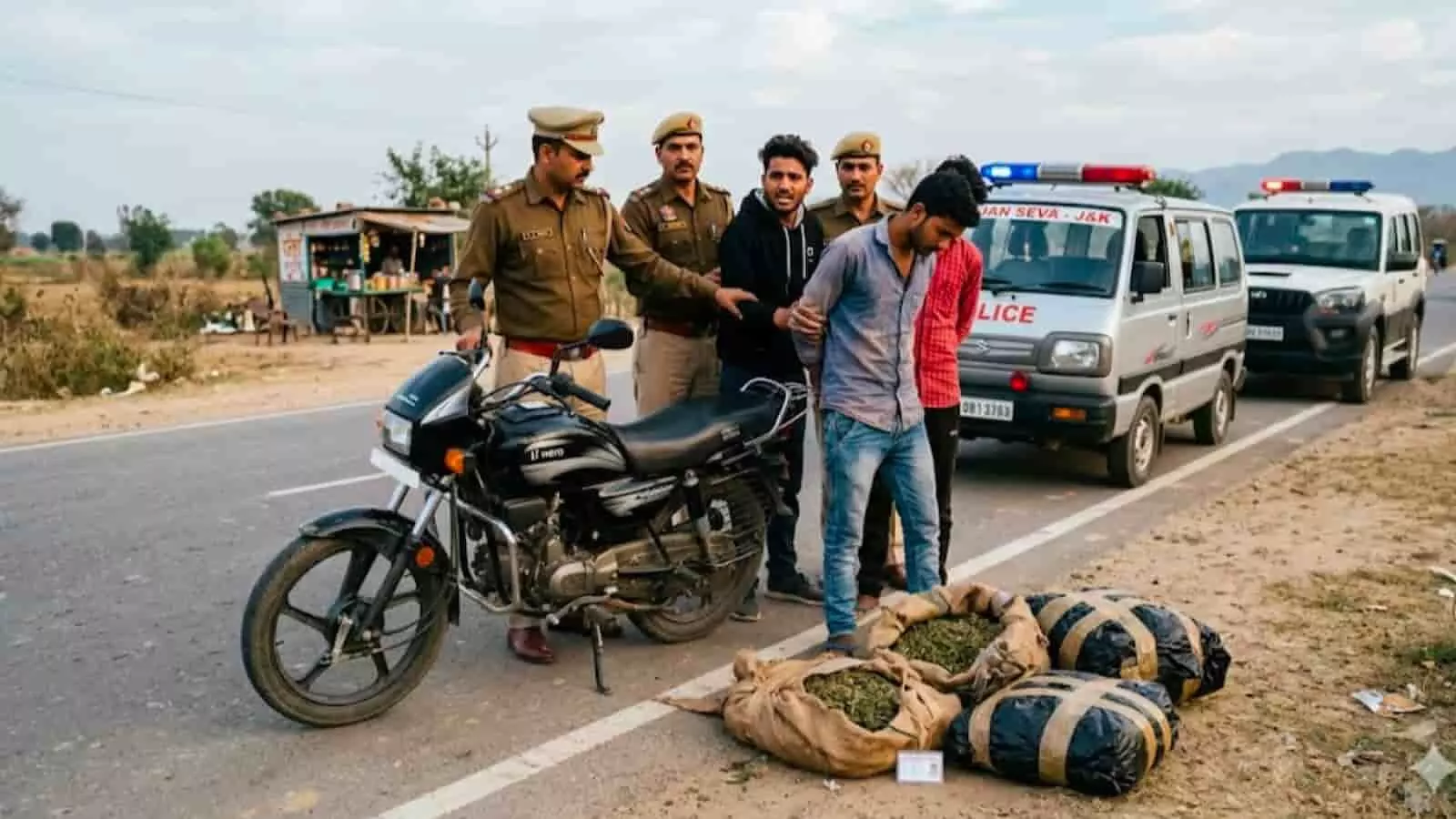 गहनौली पुलिस टीम के साथ सड़क किनारे खड़े गांजा तस्करी के तीन आरोपी और जप्त की गई बाइक। गहनौली पुलिस टीम के साथ सड़क किनारे खड़े गांजा तस्करी के तीन आरोपी और जप्त की गई बाइक।