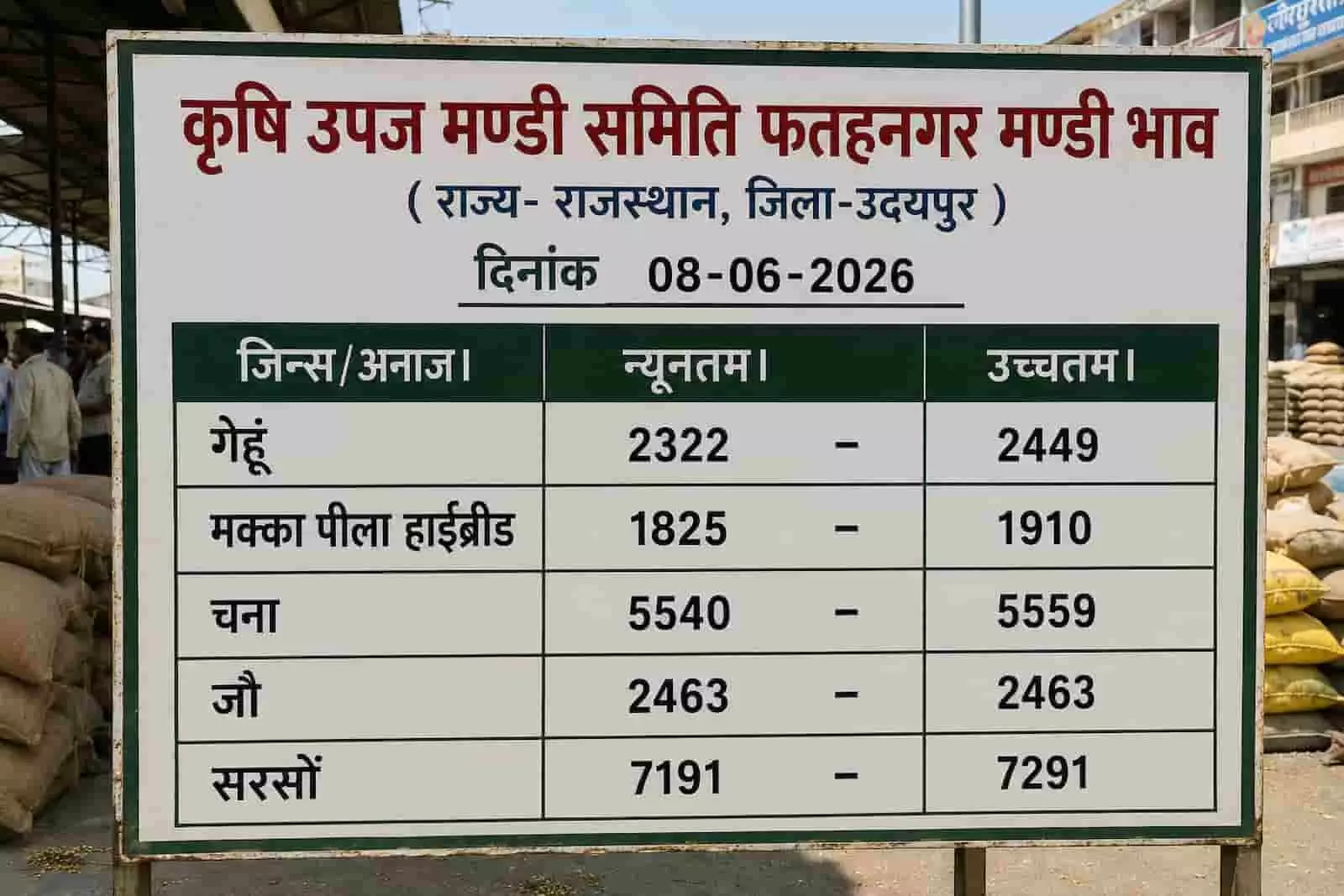 फतहनगर मण्डी बोर्ड पर जिंसों के न्यूनतम और उच्चतम भावों की सूची प्रदर्शित है। फतहनगर मण्डी बोर्ड पर जिंसों के न्यूनतम और उच्चतम भावों की सूची प्रदर्शित है।