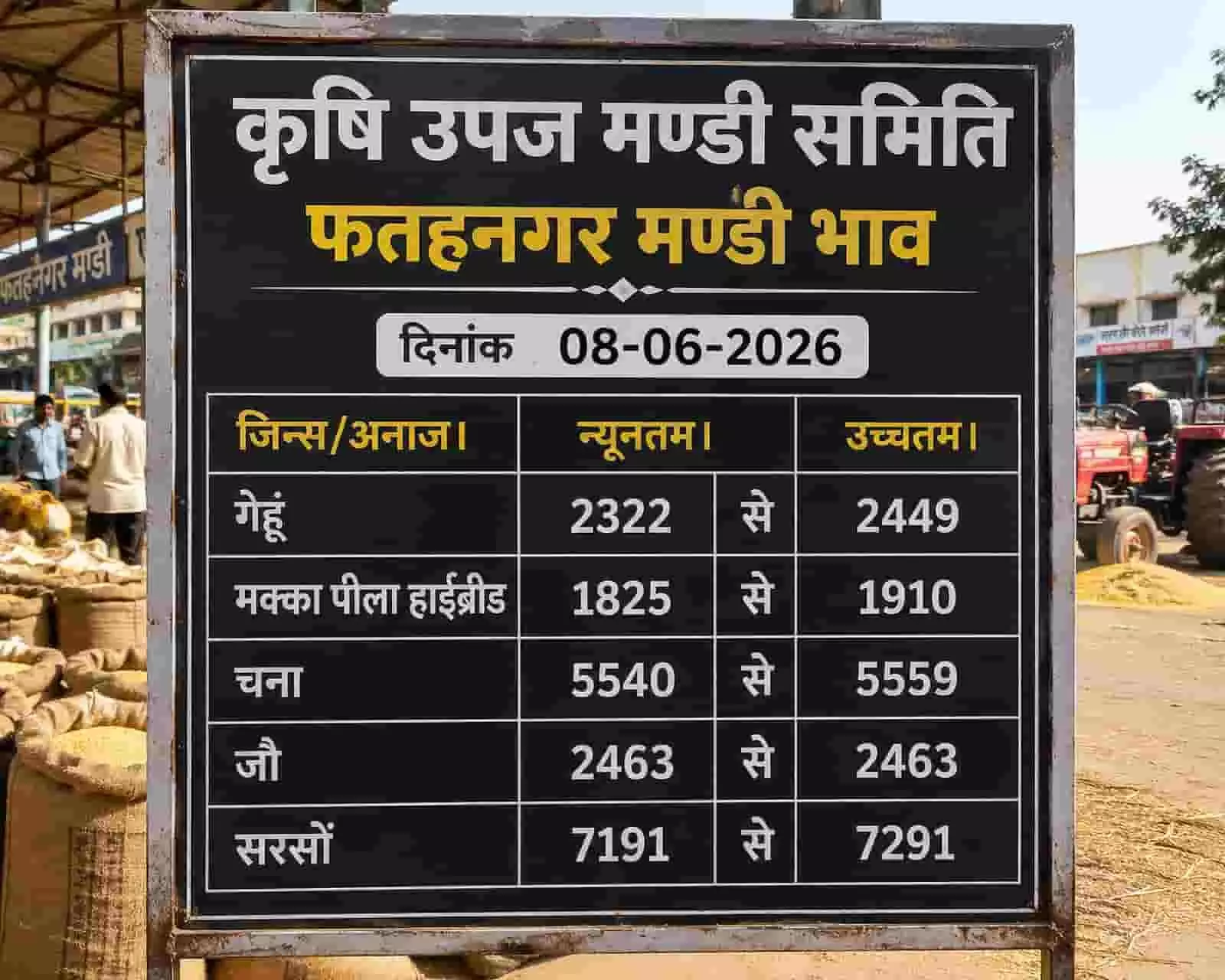 फतहनगर मंडी में 8 जून 2026 को गेहूं और अन्य फसलों के निर्धारित न्यूनतम और उच्चतम भाव। फतहनगर मंडी में 8 जून 2026 को गेहूं और अन्य फसलों के निर्धारित न्यूनतम और उच्चतम भाव।