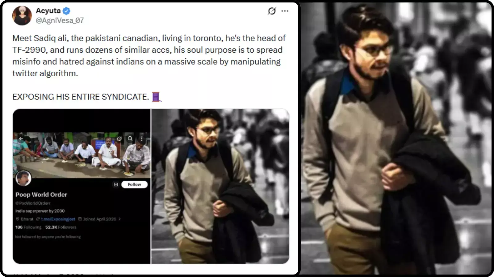 दो अलग-अलग फ्रेम में एक्स पोस्ट का स्क्रीनशॉट और चश्मा पहने एक युवक की ब्लैक एंड व्हाइट तस्वीर।