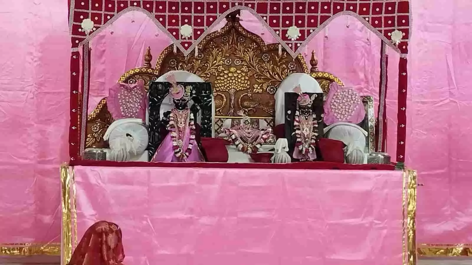 भीलवाड़ा के आनंद धाम हवेली मंदिर में गुलाबी पोशाक और जरदोजी बंगले में सजे ठाकुर जी के दिव्य स्वरूप