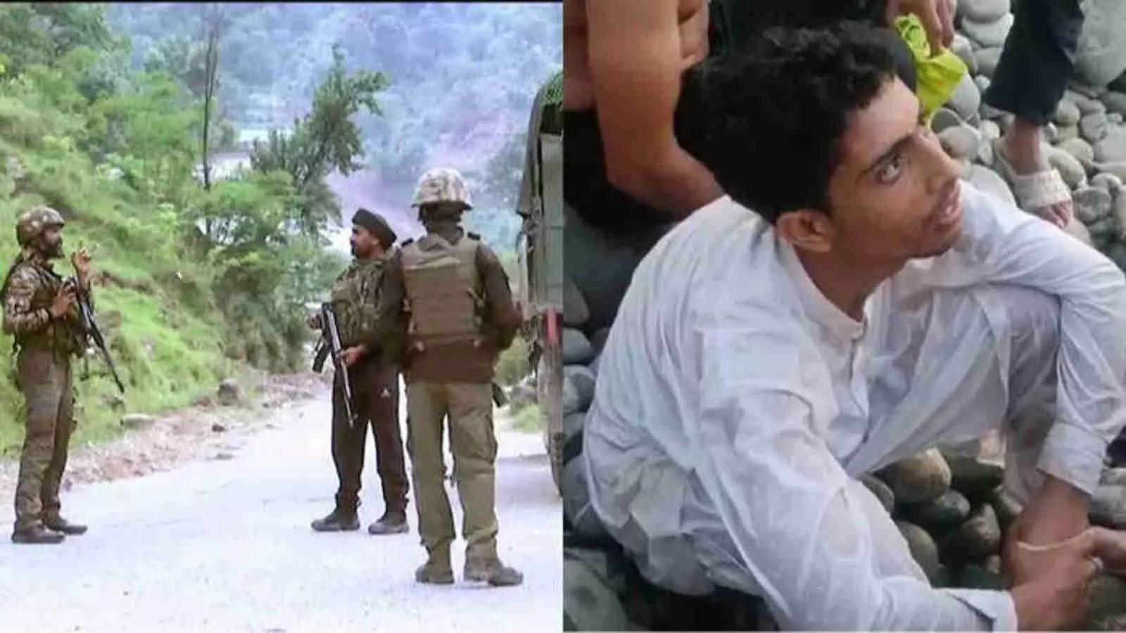 नियंत्रण रेखा के पास खड़े भारतीय सैनिक और जमीन पर बैठा हुआ पाकिस्तानी किशोर।