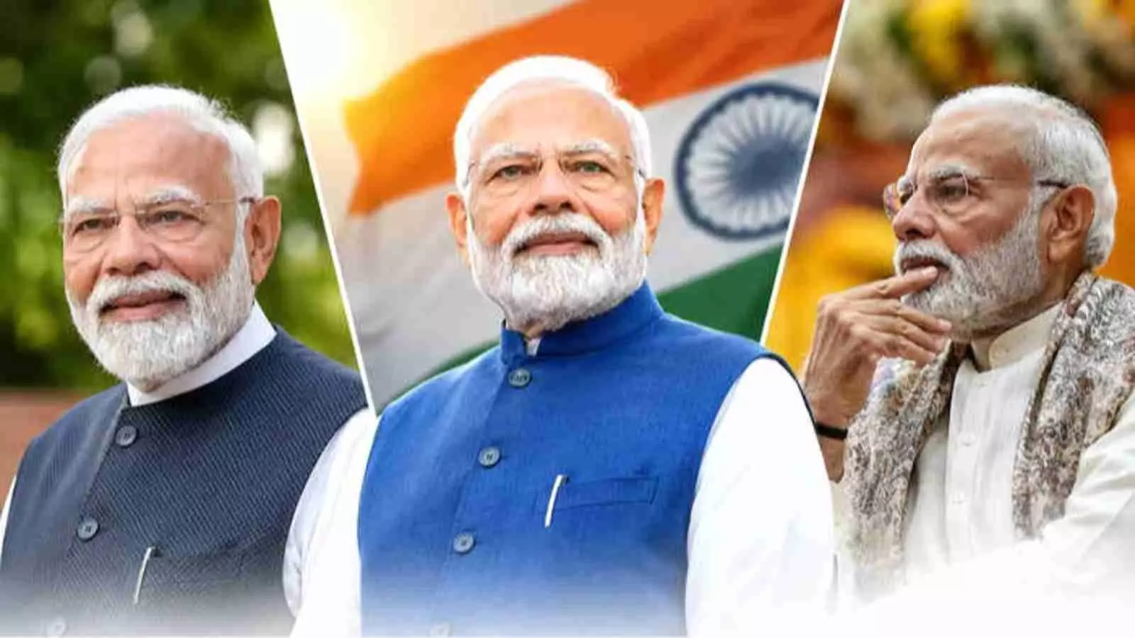 तीन अलग-अलग भागों में विभाजित प्रधानमंत्री नरेंद्र मोदी के चित्रों का कोलाज जिसमें पृष्ठभूमि में तिरंगा दिख रहा है।
