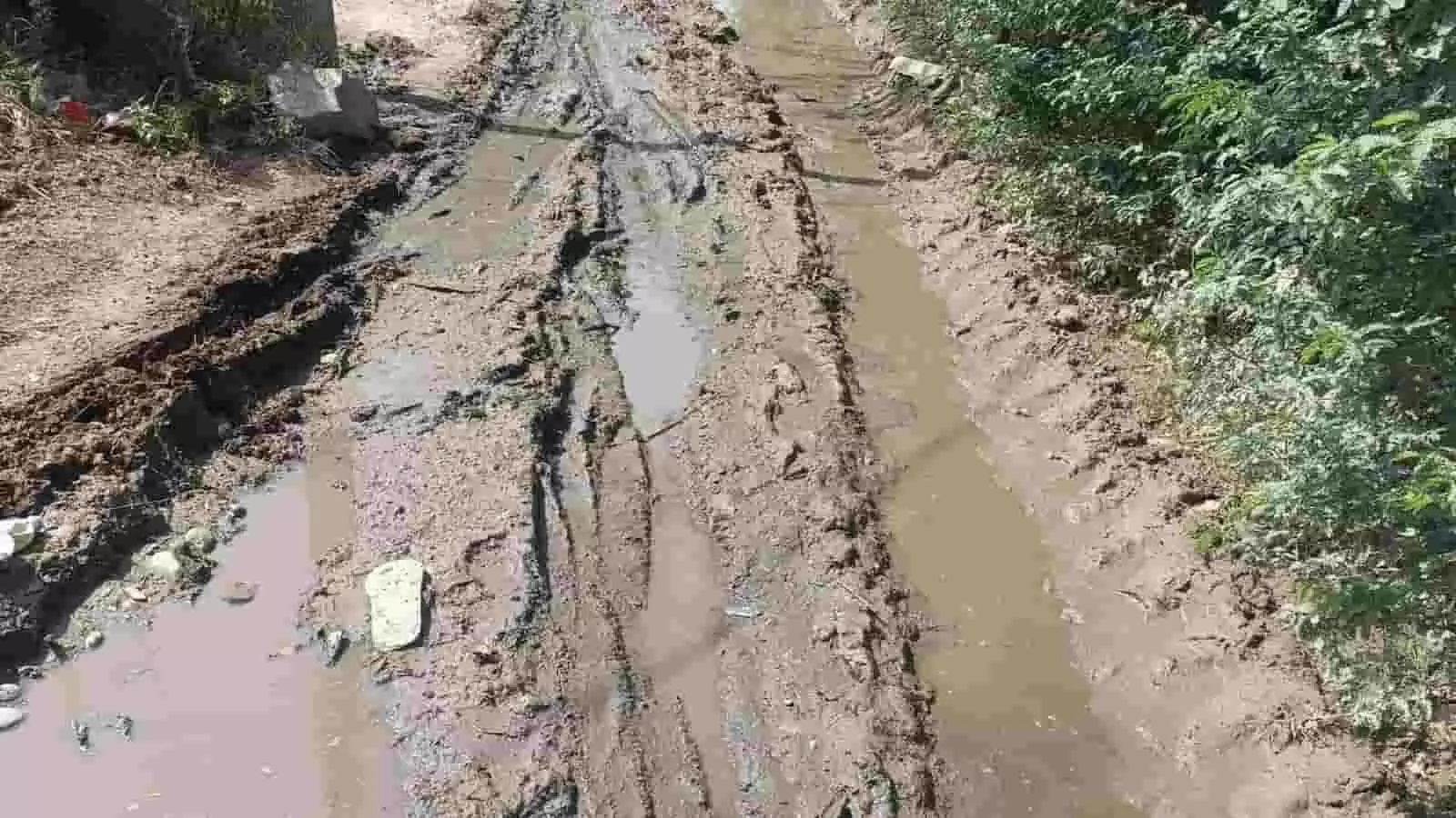 टोंक के पीपलू उपखंड में ककराजकलां की कीरो की ढाणी का जलभराव और कीचड़ से भरा मुख्य मार्ग।