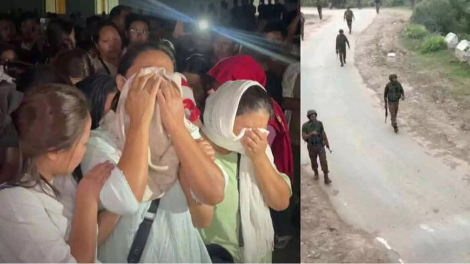 शोक मनाती महिलाएं और सड़क पर हथियार लेकर चलते सुरक्षा बलों के जवान मणिपुर के संदर्भ में। शोक मनाती महिलाएं और सड़क पर हथियार लेकर चलते सुरक्षा बलों के जवान मणिपुर के संदर्भ में।