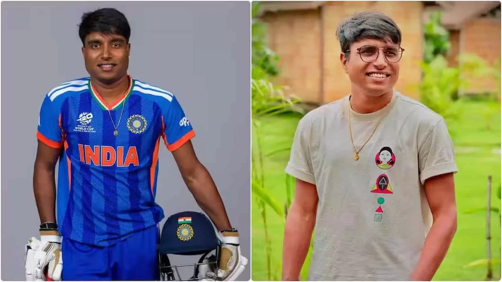 तस्वीर में बाईं ओर भारतीय क्रिकेट टीम की नीली जर्सी पहने और दाईं ओर साधारण टी-शर्ट के साथ चश्मा लगाए मुस्कुराती क्रिकेटर भारती फूलमाली दिख रही हैं। तस्वीर में बाईं ओर भारतीय क्रिकेट टीम की नीली जर्सी पहने और दाईं ओर साधारण टी-शर्ट के साथ चश्मा लगाए मुस्कुराती क्रिकेटर भारती फूलमाली दिख रही हैं।