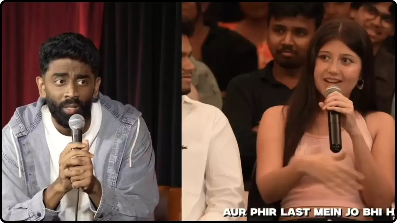स्टेज पर हाथ में माइक पकड़े हुए कॉमेडियन प्रणीत मोरे और दर्शकों के बीच बैठी सेजल पवार मुंबई में स्टैंडअप कॉमेडी शो के दौरान। स्टेज पर हाथ में माइक पकड़े हुए कॉमेडियन प्रणीत मोरे और दर्शकों के बीच बैठी सेजल पवार मुंबई में स्टैंडअप कॉमेडी शो के दौरान।