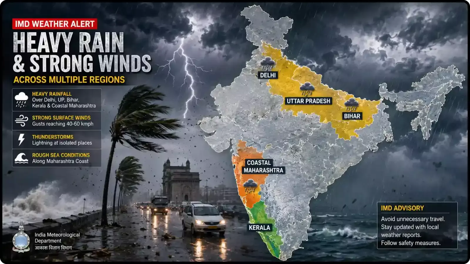 मौसम पूर्वानुमान का नक्शा जिसमें भारत मौसम विज्ञान विभाग द्वारा विभिन्न राज्यों में भारी बारिश की चेतावनी दिखाई गई है। मौसम पूर्वानुमान का नक्शा जिसमें भारत मौसम विज्ञान विभाग द्वारा विभिन्न राज्यों में भारी बारिश की चेतावनी दिखाई गई है।