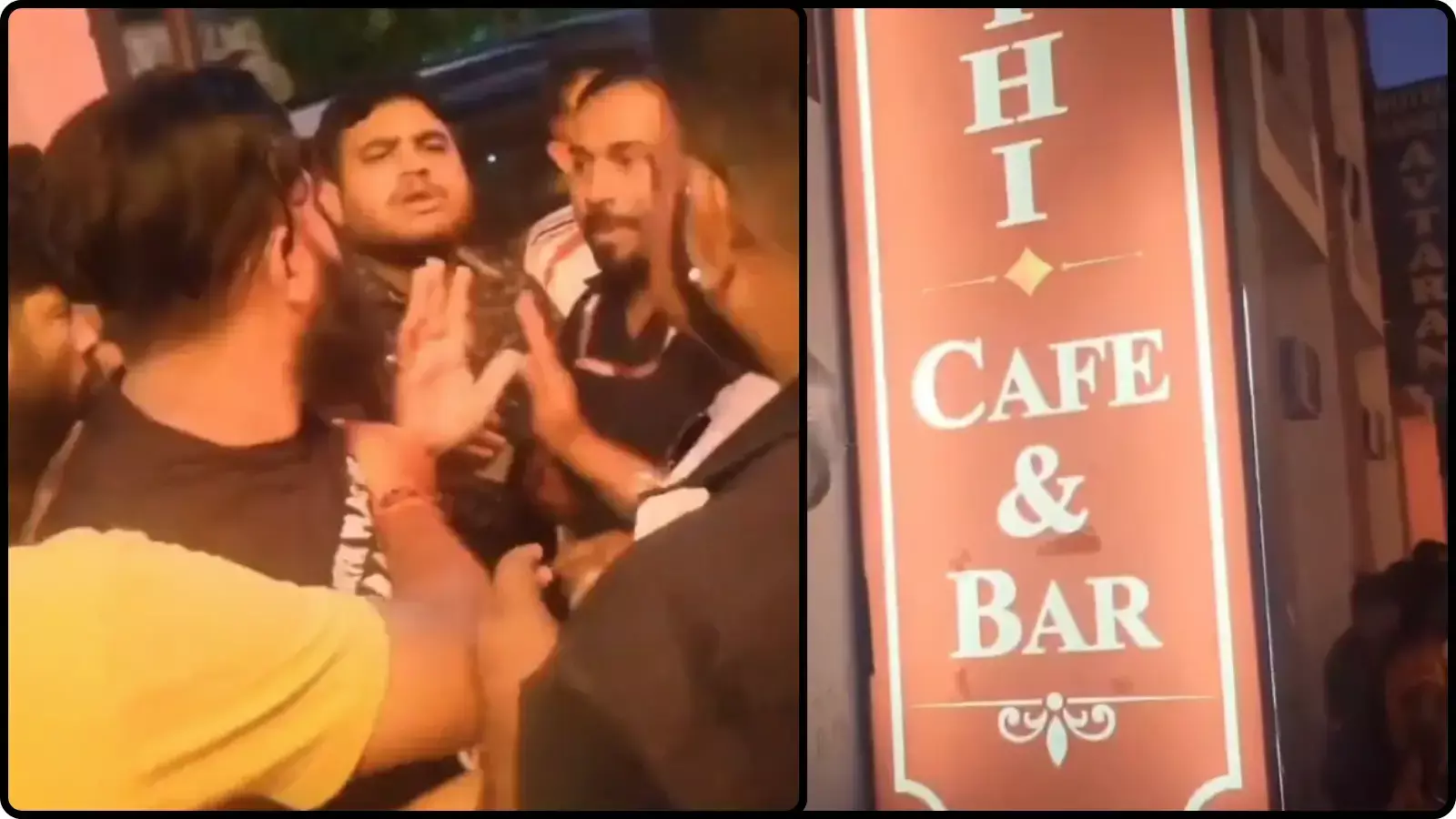 बाईं ओर बहस करते हुए लोग और दाईं ओर कैफे एंड बार लिखा हुआ एक लाल बोर्ड हरिद्वार में फिल्म शूटिंग विवाद के संदर्भ में। बाईं ओर बहस करते हुए लोग और दाईं ओर कैफे एंड बार लिखा हुआ एक लाल बोर्ड हरिद्वार में फिल्म शूटिंग विवाद के संदर्भ में।