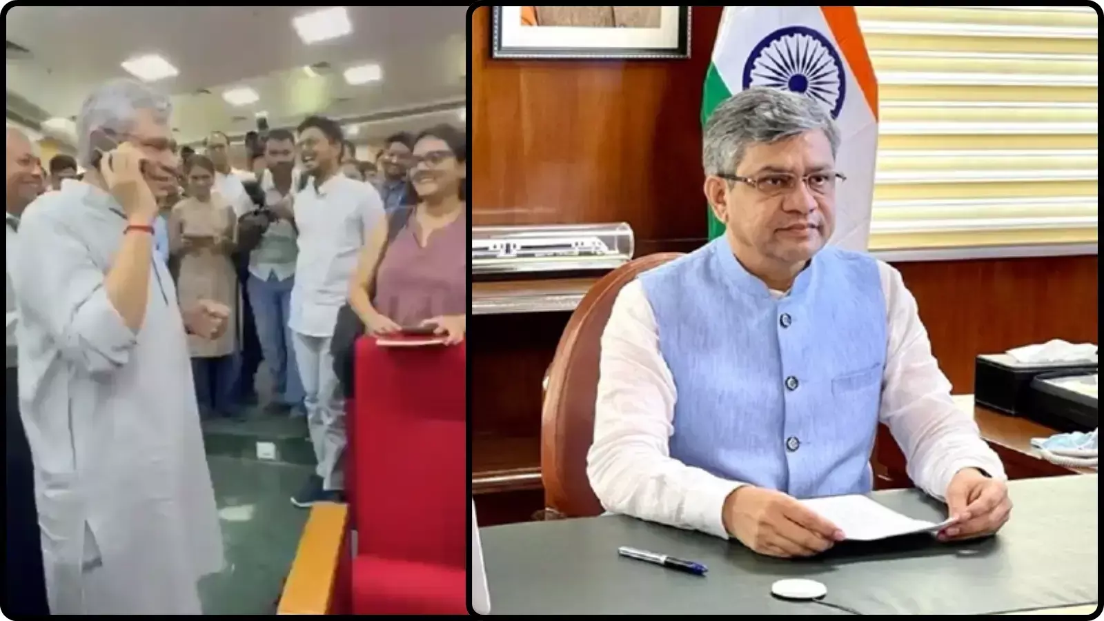 बाईं ओर फोन पर बात करते हुए और दाईं ओर मेज पर बैठे हुए रेल मंत्री अश्विनी वैष्णव नई दिल्ली में डिजिटल सेवाओं के संदर्भ में। बाईं ओर फोन पर बात करते हुए और दाईं ओर मेज पर बैठे हुए रेल मंत्री अश्विनी वैष्णव नई दिल्ली में डिजिटल सेवाओं के संदर्भ में।