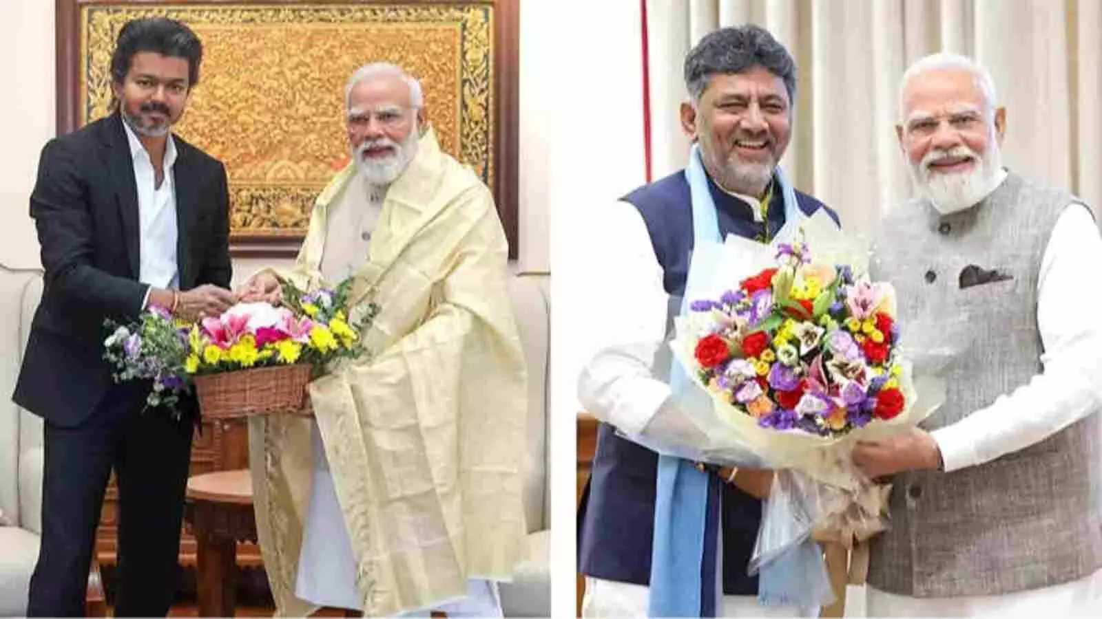 प्रधानमंत्री नरेंद्र मोदी के साथ अलग-अलग फ्रेम में गुलदस्ता भेंट करते थलपति विजय और डीके शिवकुमार की कोलाज तस्वीर। प्रधानमंत्री नरेंद्र मोदी के साथ अलग-अलग फ्रेम में गुलदस्ता भेंट करते थलपति विजय और डीके शिवकुमार की कोलाज तस्वीर।