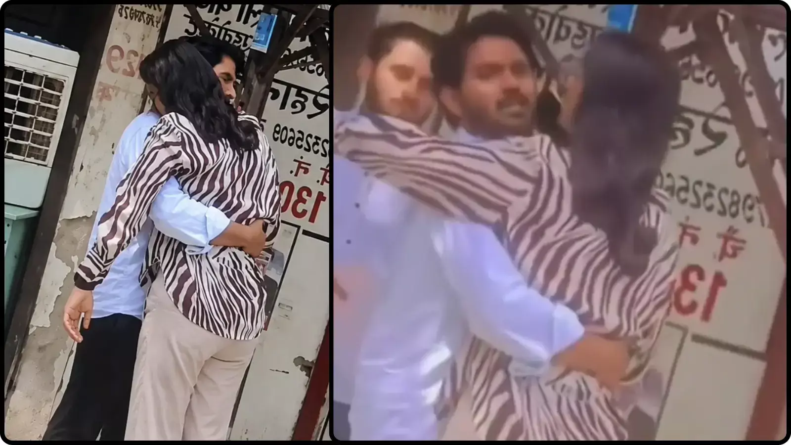 दो तस्वीरों के कोलाज में एक महिला और पुरुष आपस में गले मिलते हुए सोशल मीडिया पर वायरल कहानी के संदर्भ में। दो तस्वीरों के कोलाज में एक महिला और पुरुष आपस में गले मिलते हुए सोशल मीडिया पर वायरल कहानी के संदर्भ में।