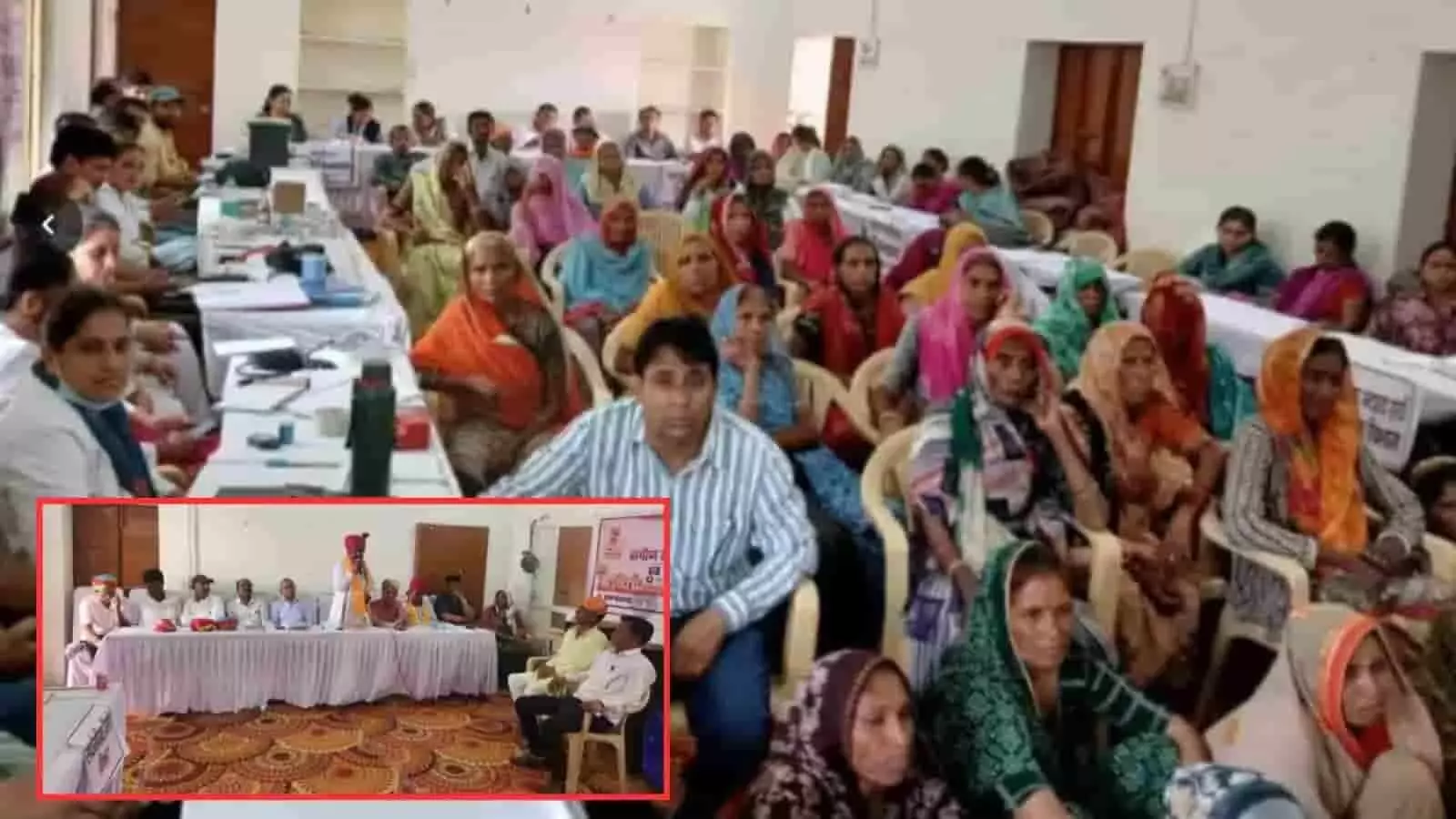 तस्वीर में एक बड़े शामियाने (टेंट) के नीचे कुर्सियों पर बैठकर विभिन्न सरकारी विभागों के अधिकारी फाइलों और दस्तावेजों की जांच कर रहे हैं, तथा सामने कई ग्रामीण खड़े नजर आ रहे हैं। तस्वीर में एक बड़े शामियाने (टेंट) के नीचे कुर्सियों पर बैठकर विभिन्न सरकारी विभागों के अधिकारी फाइलों और दस्तावेजों की जांच कर रहे हैं, तथा सामने कई ग्रामीण खड़े नजर आ रहे हैं।