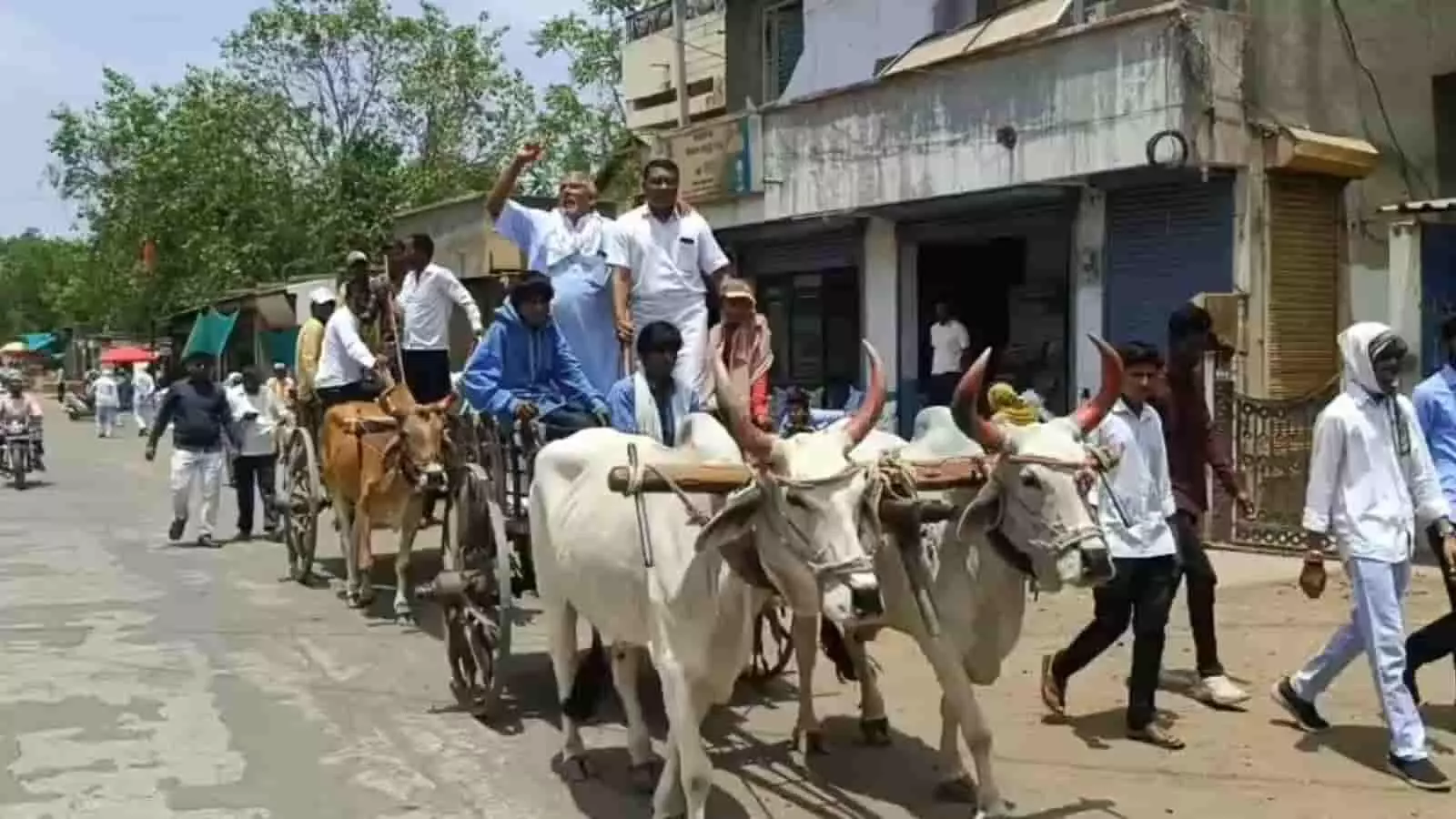 तस्वीर में सड़क पर किसानों का समूह अपनी बैलगाड़ियों के साथ विरोध प्रदर्शन मार्च निकालता हुआ दिख रहा है। तस्वीर में सड़क पर किसानों का समूह अपनी बैलगाड़ियों के साथ विरोध प्रदर्शन मार्च निकालता हुआ दिख रहा है।