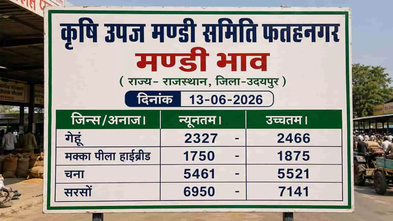 तस्वीर में फतहनगर कृषि उपज मण्डी समिति का एक बड़ा बोर्ड दिख रहा है, जिस पर चाक से फसलों के ताजा मण्डी भाव लिखे हुए हैं। तस्वीर में फतहनगर कृषि उपज मण्डी समिति का एक बड़ा बोर्ड दिख रहा है, जिस पर चाक से फसलों के ताजा मण्डी भाव लिखे हुए हैं।