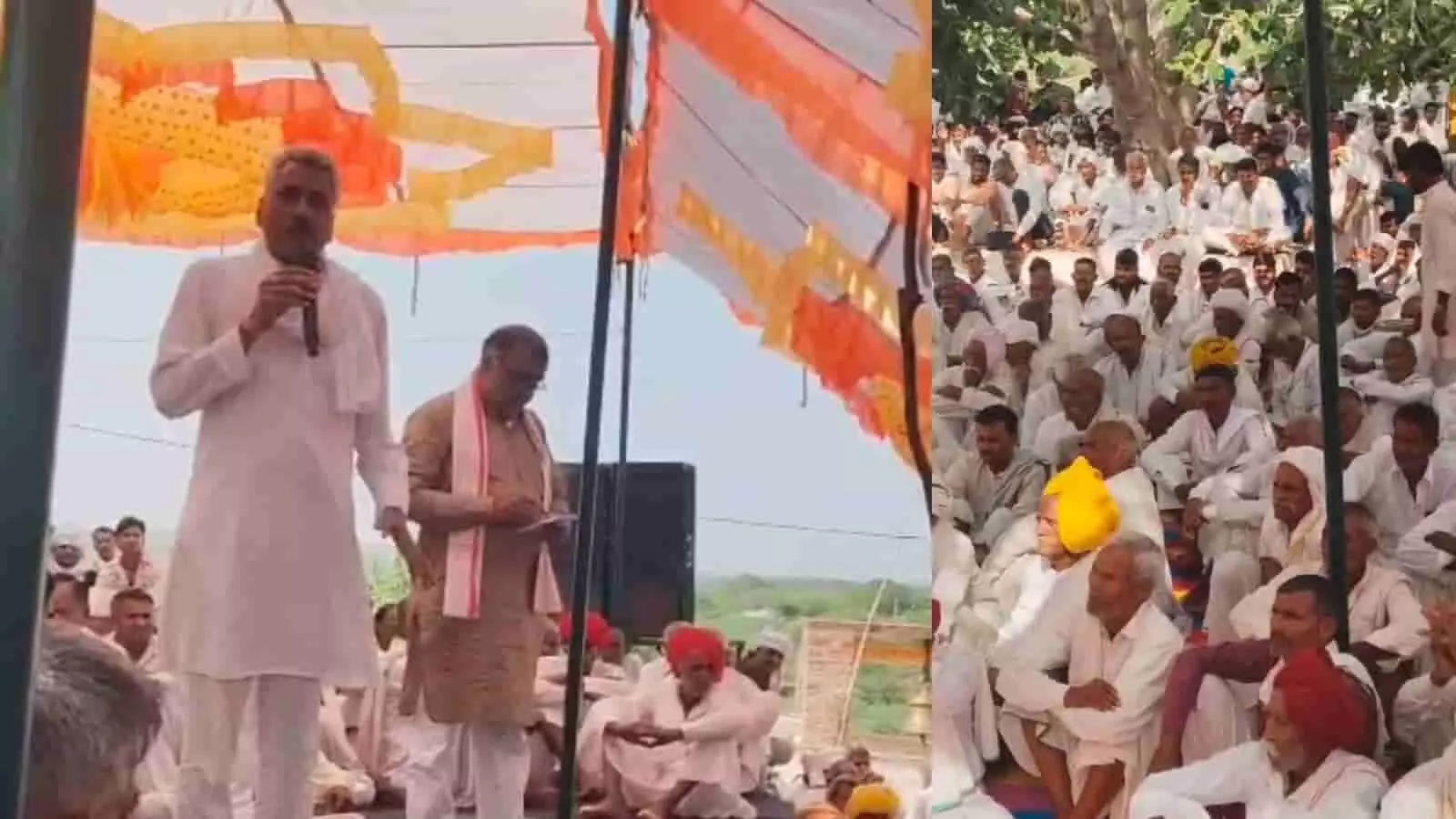 तस्वीर में एक टेंट के नीचे मंच पर खड़ा एक व्यक्ति माइक पर भाषण देते हुए और सामने बैठी भीड़ सुनते हुए दिख रही है। तस्वीर में एक टेंट के नीचे मंच पर खड़ा एक व्यक्ति माइक पर भाषण देते हुए और सामने बैठी भीड़ सुनते हुए दिख रही है।
