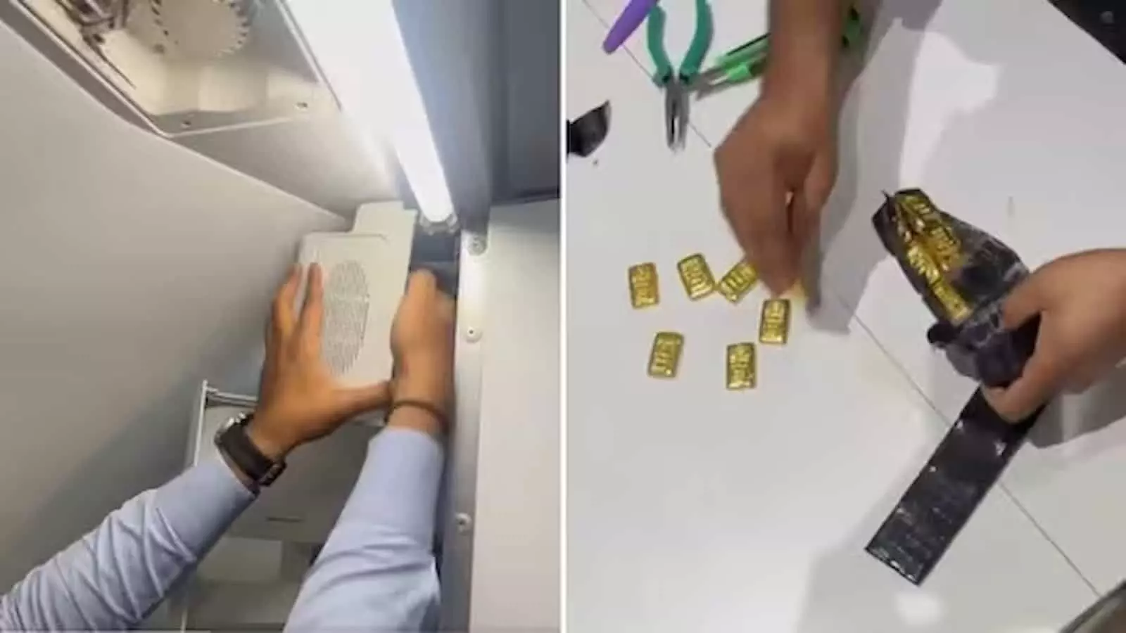 तस्वीर में कस्टम अधिकारी विमान से बरामद सोने के बिस्कुटों की जांच कर रहे हैं। तस्वीर में कस्टम अधिकारी विमान से बरामद सोने के बिस्कुटों की जांच कर रहे हैं।