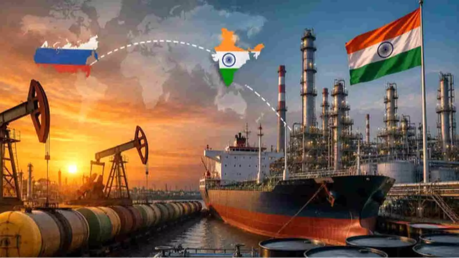 एक औद्योगिक रिफाइनरी, समुद्री मालवाहक जहाज और तेल निकालने वाले पंप भारत तथा रूस के व्यापारिक संदर्भ में। एक औद्योगिक रिफाइनरी, समुद्री मालवाहक जहाज और तेल निकालने वाले पंप भारत तथा रूस के व्यापारिक संदर्भ में।
