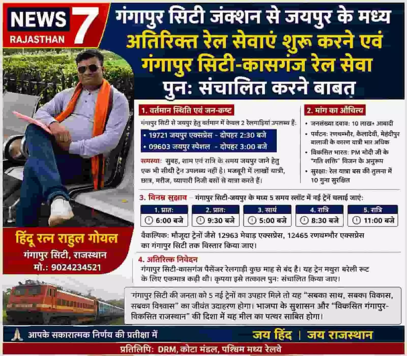गंगापुर सिटी जंक्शन पर रेल सुविधाओं के विस्तार की मांग करते स्थानीय निवासी। गंगापुर सिटी जंक्शन पर रेल सुविधाओं के विस्तार की मांग करते स्थानीय निवासी।