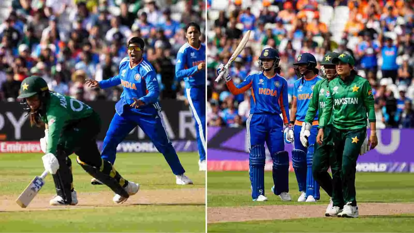 क्रिकेट के मैदान पर नीली जर्सी पहने भारतीय महिला खिलाड़ी विकेट लेने की खुशी में चिल्लाकर जश्न मनाती हुई। क्रिकेट के मैदान पर नीली जर्सी पहने भारतीय महिला खिलाड़ी विकेट लेने की खुशी में चिल्लाकर जश्न मनाती हुई।