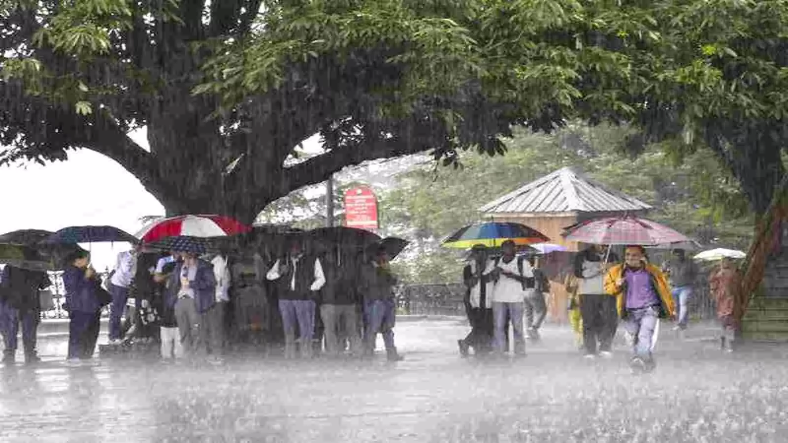 बारिश के बीच छतरियां लेकर सड़क पर खड़े लोग उत्तर भारत के शहर में। बारिश के बीच छतरियां लेकर सड़क पर खड़े लोग उत्तर भारत के शहर में।