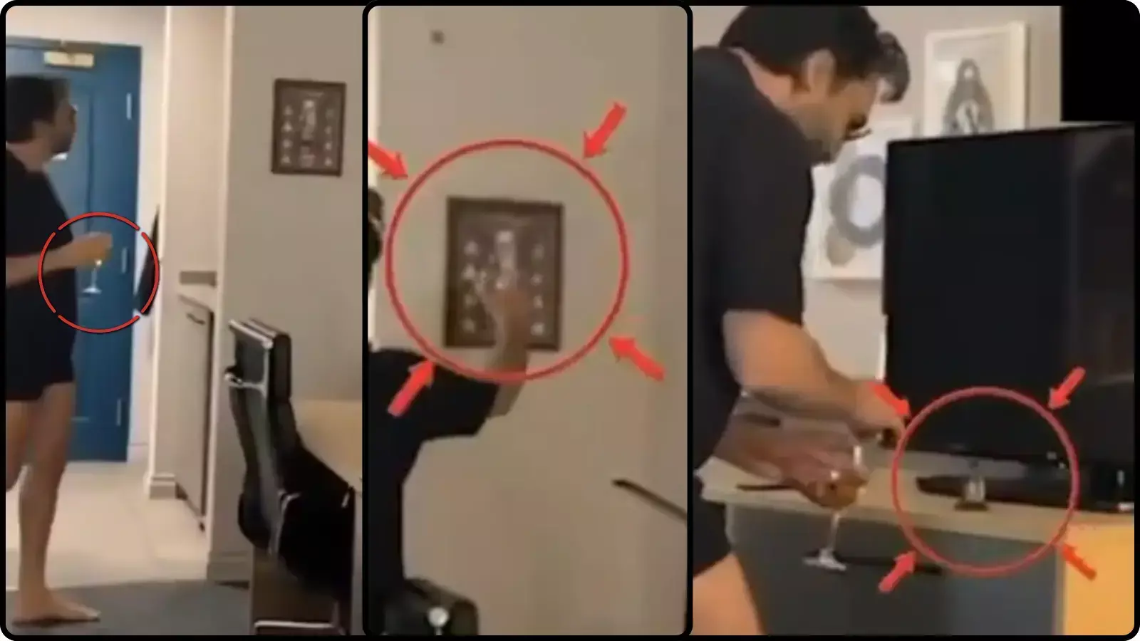 तीन हिस्सों में बंटे वीडियो स्क्रीनशॉट में एक व्यक्ति हाथ में ग्लास लिए धार्मिक चित्र के पास पंजाब विवाद के संदर्भ में दिख रहा है। तीन हिस्सों में बंटे वीडियो स्क्रीनशॉट में एक व्यक्ति हाथ में ग्लास लिए धार्मिक चित्र के पास पंजाब विवाद के संदर्भ में दिख रहा है।