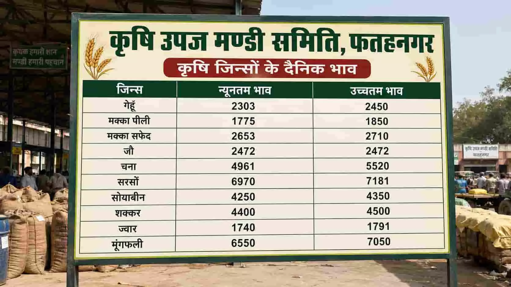 फतहनगर कृषि उपज मंडी समिति के सूचना बोर्ड पर प्रदर्शित विभिन्न फसलों के दैनिक न्यूनतम और उच्चतम भाव की सूची। फतहनगर कृषि उपज मंडी समिति के सूचना बोर्ड पर प्रदर्शित विभिन्न फसलों के दैनिक न्यूनतम और उच्चतम भाव की सूची।