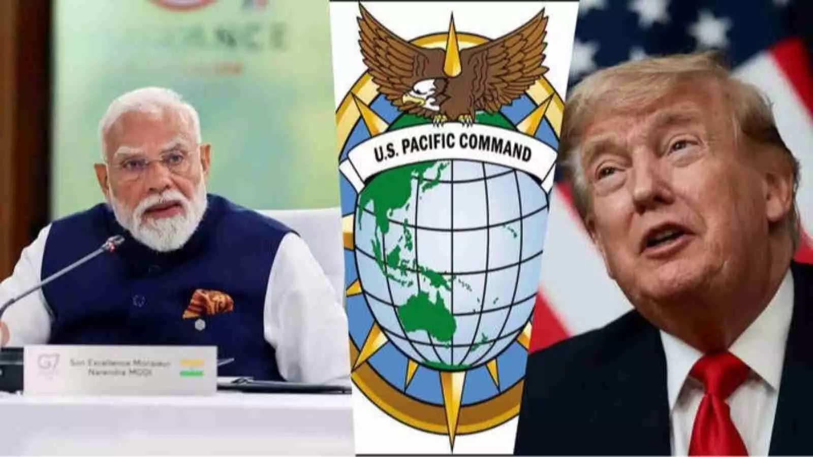 प्रधानमंत्री नरेंद्र मोदी और डोनाल्ड ट्रंप की तस्वीर के साथ यूएस पैसिफिक कमांड का लोगो। प्रधानमंत्री नरेंद्र मोदी और डोनाल्ड ट्रंप की तस्वीर के साथ यूएस पैसिफिक कमांड का लोगो।