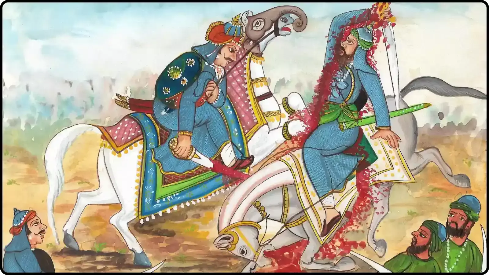 घोड़े पर सवार योद्धा और मुगल सैनिकों के बीच तलवारबाजी का दृश्य पेंटिंग के रूप में हल्दीघाटी युद्ध के संदर्भ में दिख रहा है।