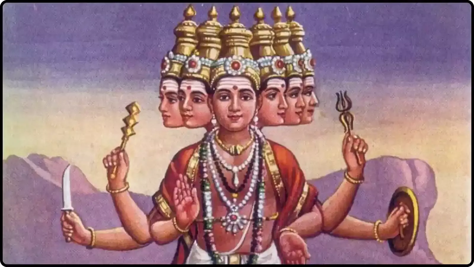 छह मुख वाली पौराणिक पेंटिंग में भगवान कार्तिकेय शस्त्र लिए हुए स्कंद षष्ठी के धार्मिक संदर्भ में दिख रहे हैं। छह मुख वाली पौराणिक पेंटिंग में भगवान कार्तिकेय शस्त्र लिए हुए स्कंद षष्ठी के धार्मिक संदर्भ में दिख रहे हैं।