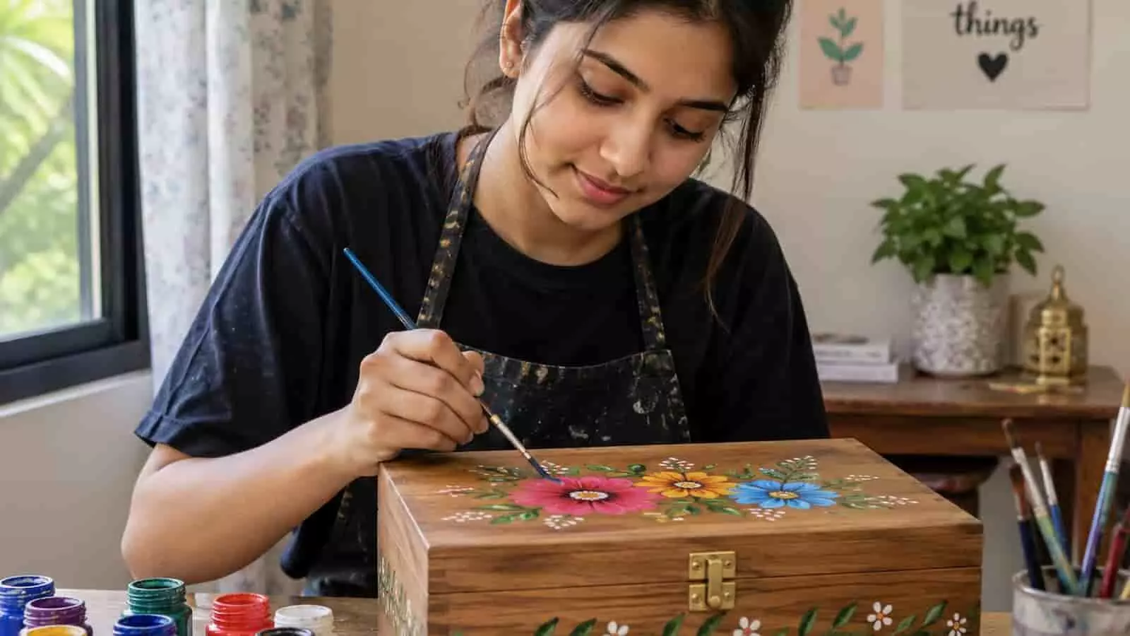 लकड़ी के संदूक पर फूलों की चित्रकारी करती महिला कलाकार भीलवाड़ा रंग मल्हार उत्सव की तैयारी के संदर्भ में। लकड़ी के संदूक पर फूलों की चित्रकारी करती महिला कलाकार भीलवाड़ा रंग मल्हार उत्सव की तैयारी के संदर्भ में।