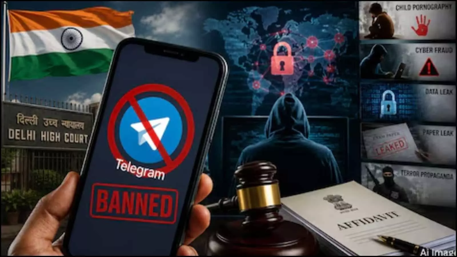 ग्राफिक्स कोलाज जिसमें मोबाइल स्क्रीन पर टेलीग्राम बैन का प्रतीक चिन्ह दिखाई दे रहा है दिल्ली हाईकोर्ट के संदर्भ में। ग्राफिक्स कोलाज जिसमें मोबाइल स्क्रीन पर टेलीग्राम बैन का प्रतीक चिन्ह दिखाई दे रहा है दिल्ली हाईकोर्ट के संदर्भ में।