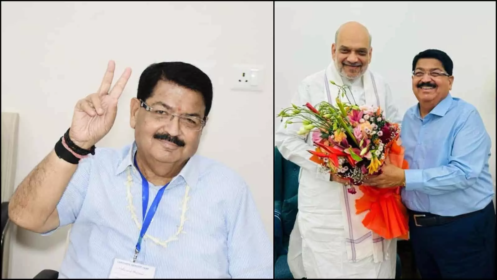 गुलदस्ता भेंट करते अमित शाह और परिमल नाथवानी नई दिल्ली में चुनाव परिणाम के संदर्भ में।