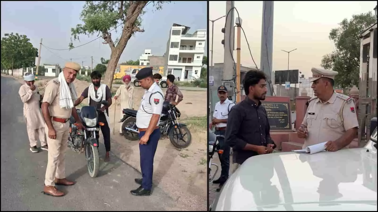 तस्वीर में राजस्थान पुलिस के जवान यातायात नियमों का उल्लंघन करने वाले वाहन चालकों की जांच और कार्रवाई करते दिख रहे हैं।