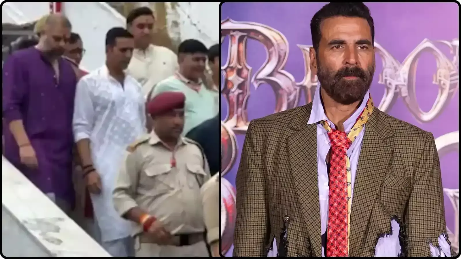सुरक्षाकर्मियों के साथ चलते पुरुष और दाईं ओर अभिनेता अक्षय कुमार वैष्णो देवी यात्रा के संदर्भ में दिख रहे हैं। सुरक्षाकर्मियों के साथ चलते पुरुष और दाईं ओर अभिनेता अक्षय कुमार वैष्णो देवी यात्रा के संदर्भ में दिख रहे हैं।
