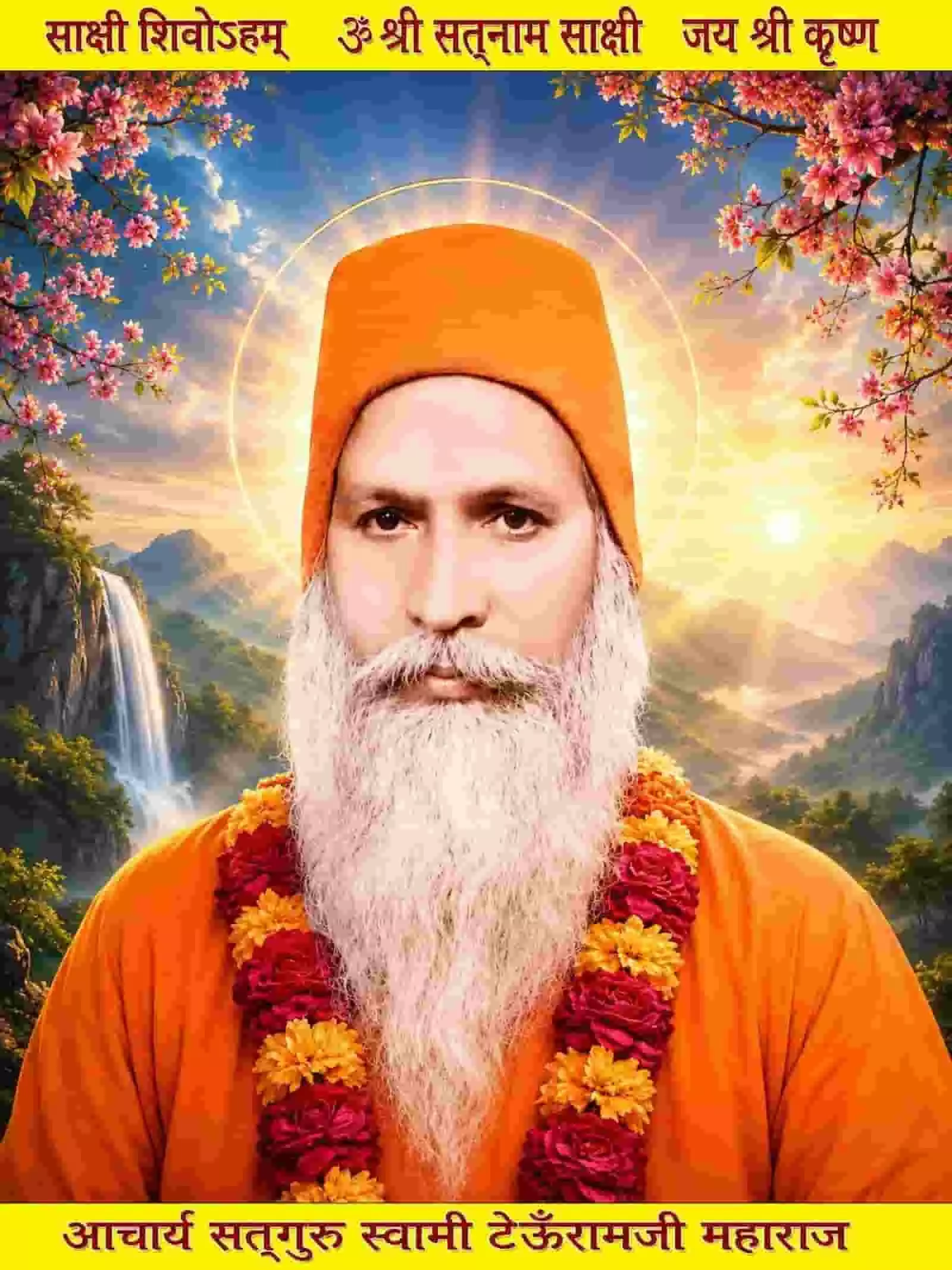 नारंगी वस्त्र और टोपी पहने सफेद दाढ़ी वाले संत स्वामी टेऊँराम जी महाराज का एक डिजिटल चित्र। नारंगी वस्त्र और टोपी पहने सफेद दाढ़ी वाले संत स्वामी टेऊँराम जी महाराज का एक डिजिटल चित्र।