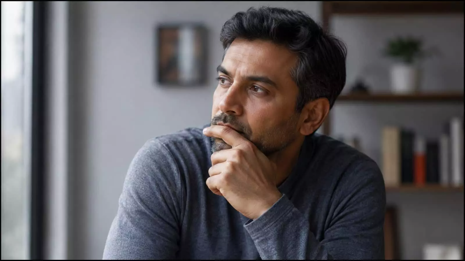 कमरे के अंदर बैठा एक पुरुष खिड़की से बाहर देखते हुए विचार मुद्रा में स्वास्थ्य चिंताओं के संदर्भ में दिख रहा है। कमरे के अंदर बैठा एक पुरुष खिड़की से बाहर देखते हुए विचार मुद्रा में स्वास्थ्य चिंताओं के संदर्भ में दिख रहा है।