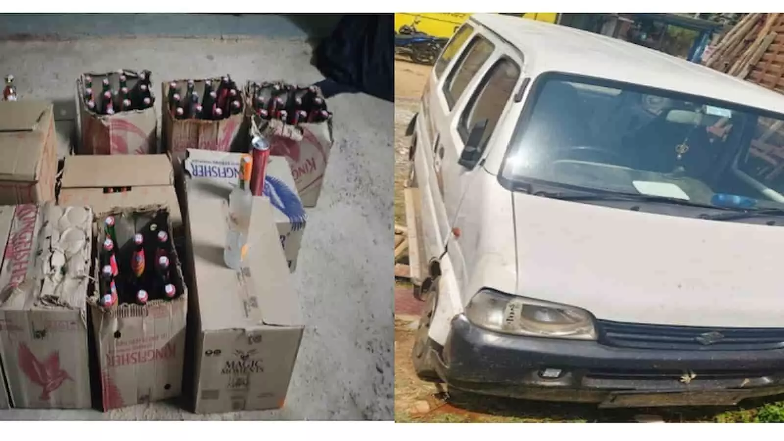 पाटिया थाना पुलिस द्वारा जब्त की गई बिना नंबर की सफेद रंग की मारुति इको कार और अंग्रेजी शराब के कार्टन। पाटिया थाना पुलिस द्वारा जब्त की गई बिना नंबर की सफेद रंग की मारुति इको कार और अंग्रेजी शराब के कार्टन।