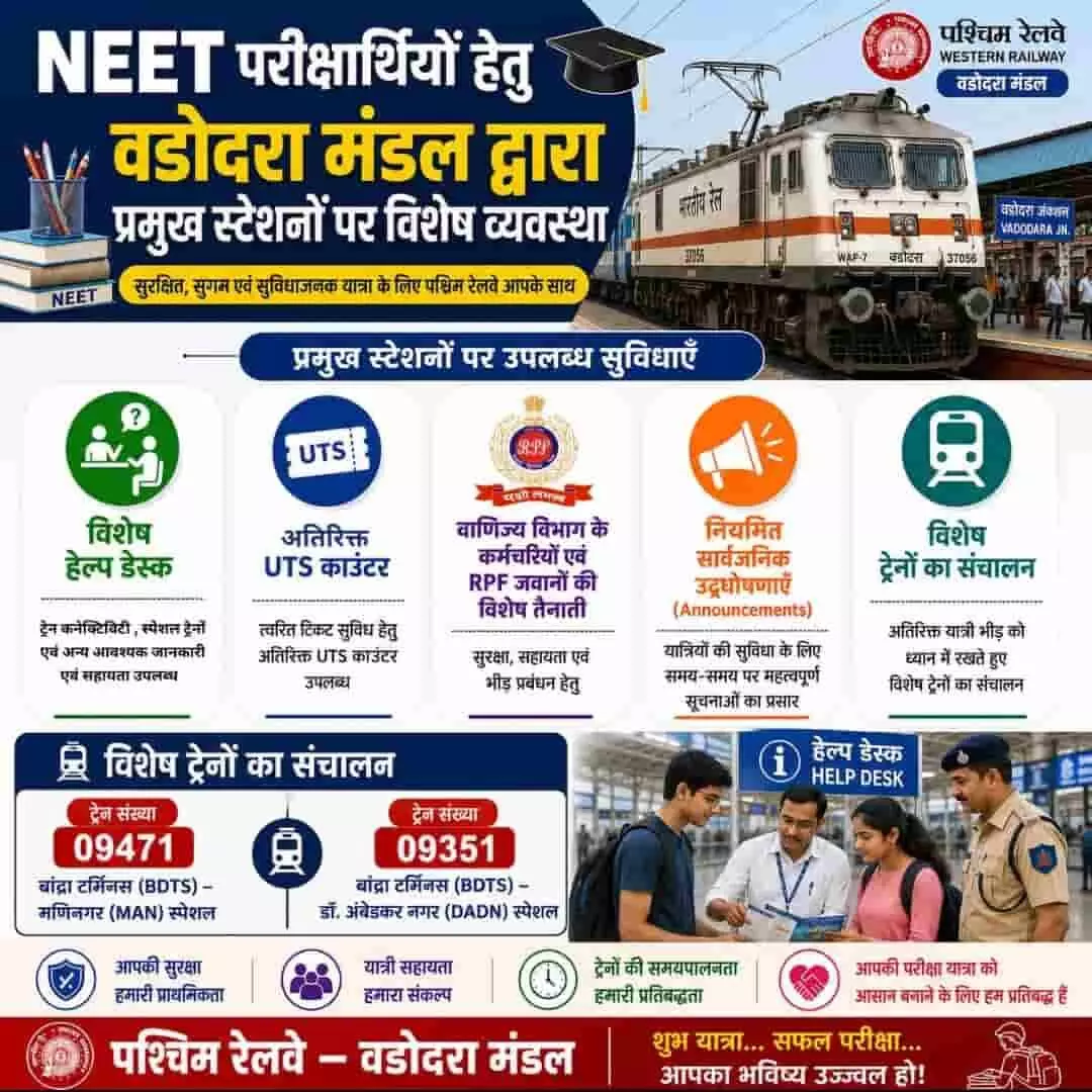 NEET परीक्षा के लिए वडोदरा मंडल तैयार: स्टेशनों पर विशेष हेल्प डेस्क और अतिरिक्त काउंटर की सुविधा