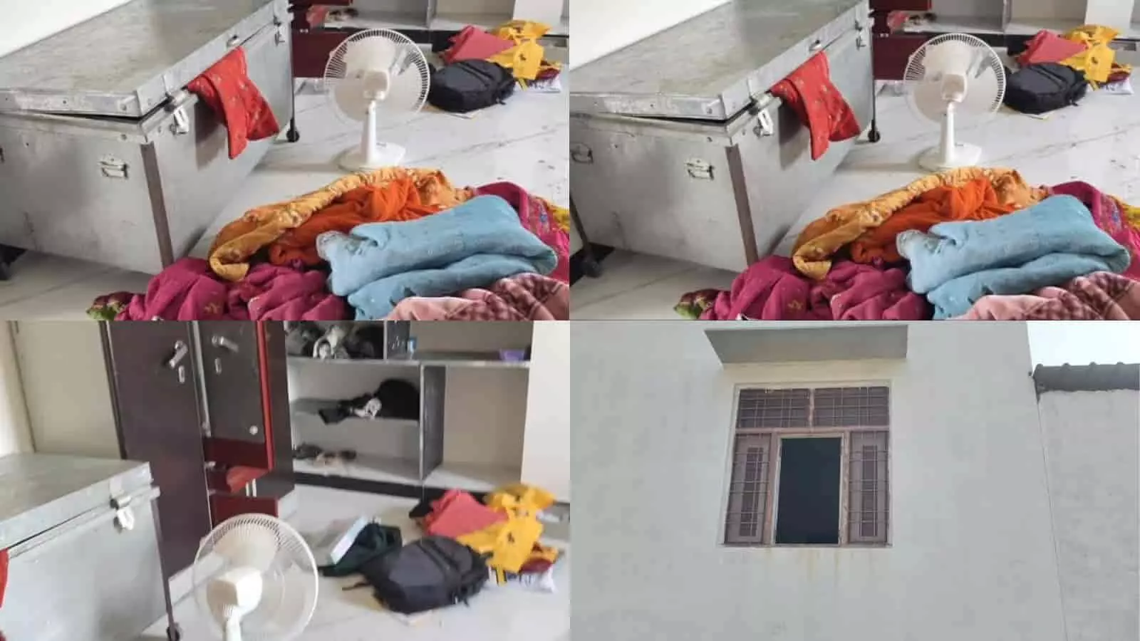 खोखरी गांव के एक घर में चोरी के बाद बिखरा हुआ सामान, बक्सा और टूटी हुई खिड़की की चौखट। खोखरी गांव के एक घर में चोरी के बाद बिखरा हुआ सामान, बक्सा और टूटी हुई खिड़की की चौखट।