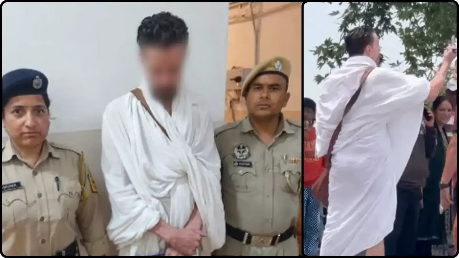 पुलिस कर्मियों के बीच खड़ा एक हिरासत में लिया गया पुरुष और दूसरी तरफ मैदान पर हंगामा करता व्यक्ति। पुलिस कर्मियों के बीच खड़ा एक हिरासत में लिया गया पुरुष और दूसरी तरफ मैदान पर हंगामा करता व्यक्ति।