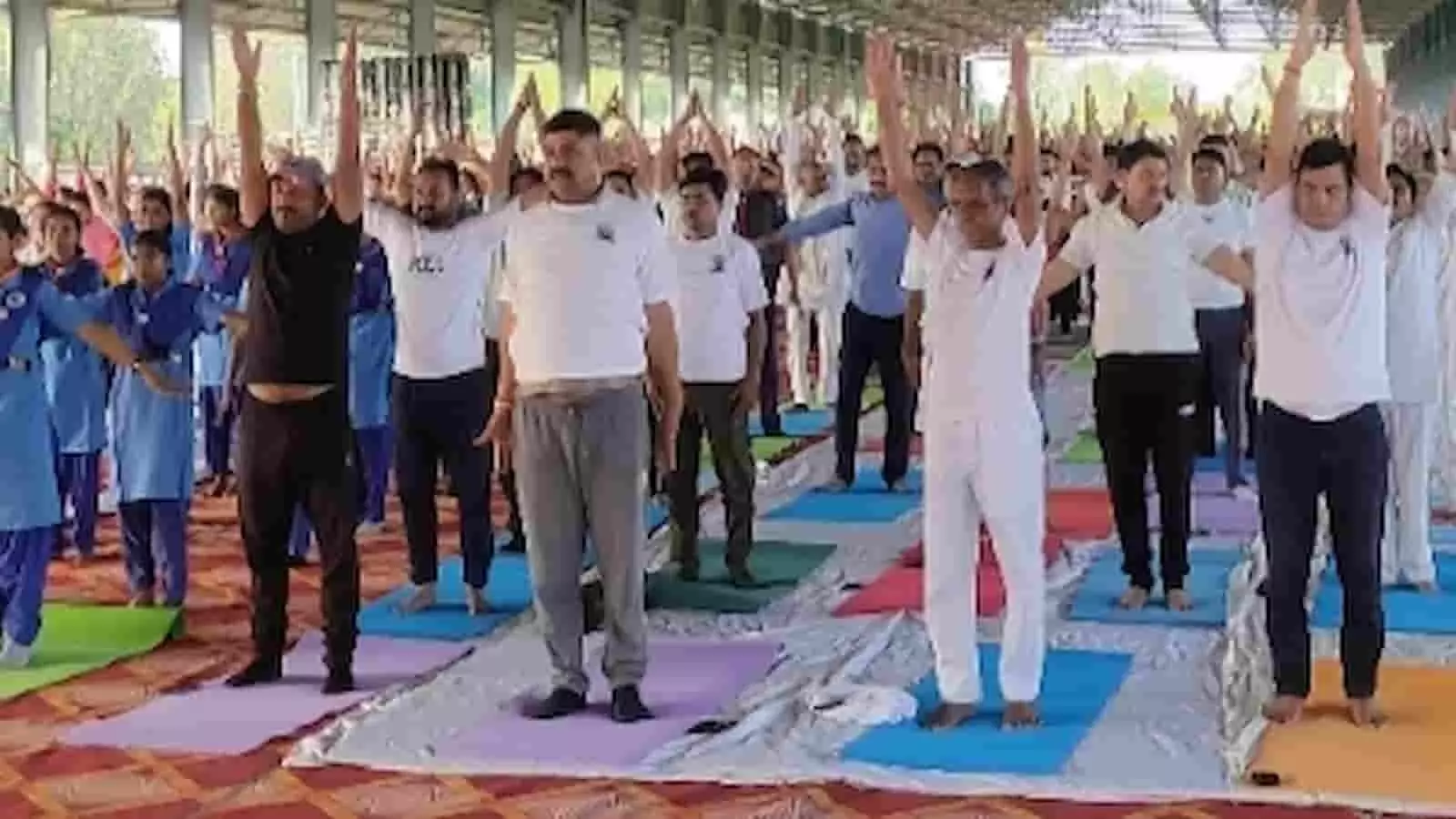 बारां की कृषि उपज मंडी में अंतरराष्ट्रीय योग दिवस पर सामूहिक योगाभ्यास करते हुए लोग। बारां की कृषि उपज मंडी में अंतरराष्ट्रीय योग दिवस पर सामूहिक योगाभ्यास करते हुए लोग।
